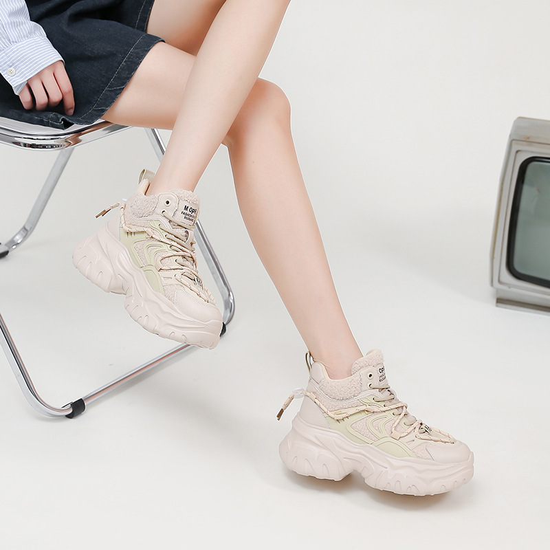 Women's velvet-added dad shoes, women's shoes for autumn and winter, thick sole height-enhancing and warm casual sports shoes
